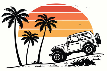 Off-roading vehicle and palm tree silhouettes on a retro vintage background with sunset-inspired colors, vibrant gradient hues, and a nostalgic, adventurous vibe; vector-style design perfect for T-shi