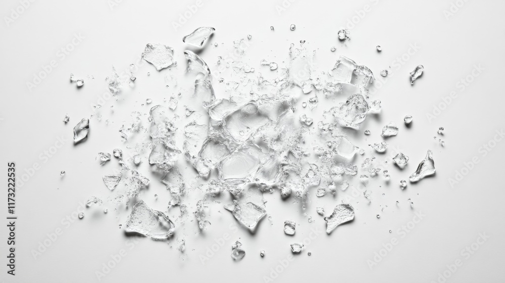 Aufkleber pieces of crushed ice melting on a white background create a refreshing visual, with scattered water