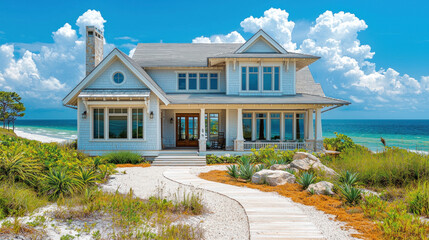 Beach house exterior with ocean view, walkway, and coastal landscape