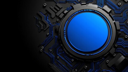 Abstract Tech Circle:  A sleek, dark technological background features a vibrant blue circular element at its center, surrounded by intricate circuitry.