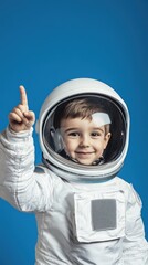 Photo of a child in an astronaut helmet on a blue background, with copy space for text.