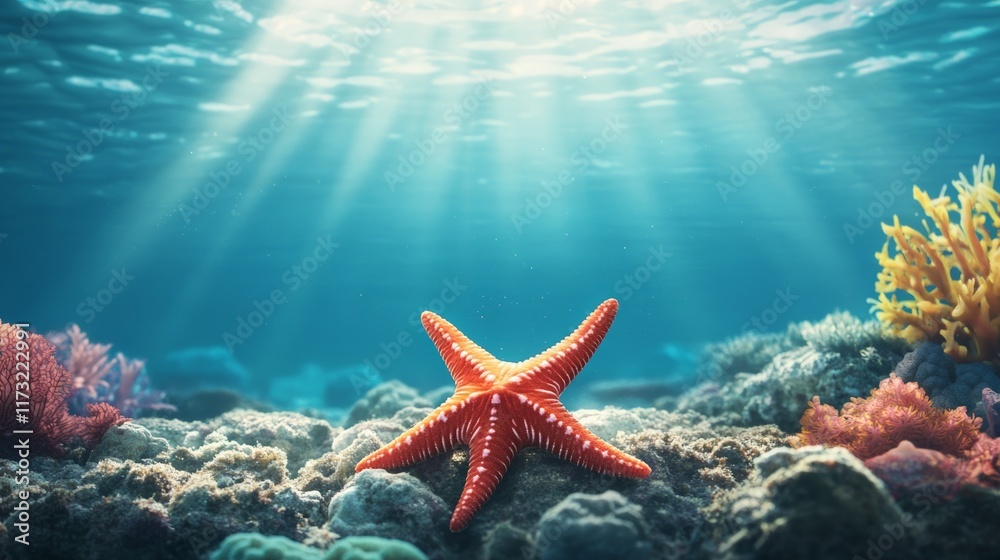 Poster sunbeams filtering through crystal clear water illuminate a vibrant red starfish resting on the seab