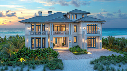 Luxury beach house at sunset on a tropical island with ocean view