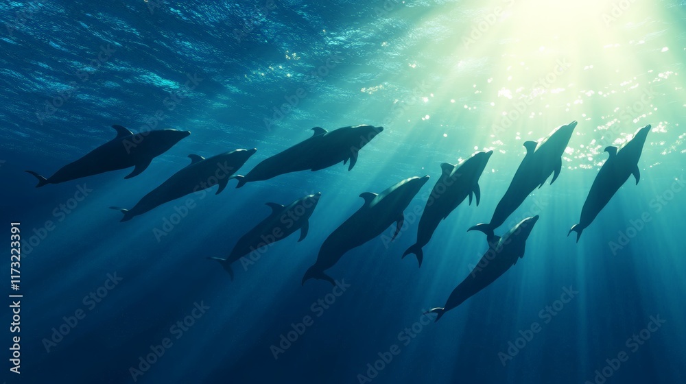 Poster sunbeams filtering through the rippling ocean surface illuminate a pod of dolphins gracefully swimmi