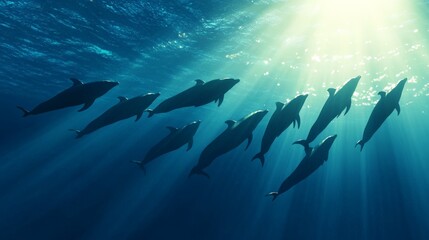 Obraz premium Sunbeams filtering through the rippling ocean surface illuminate a pod of dolphins gracefully swimming towards the light in the deep blue water