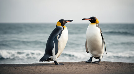 Naklejka premium King penguins standing on a rocky shore by the ocean at dusk, interacting with each other and enjoying the view