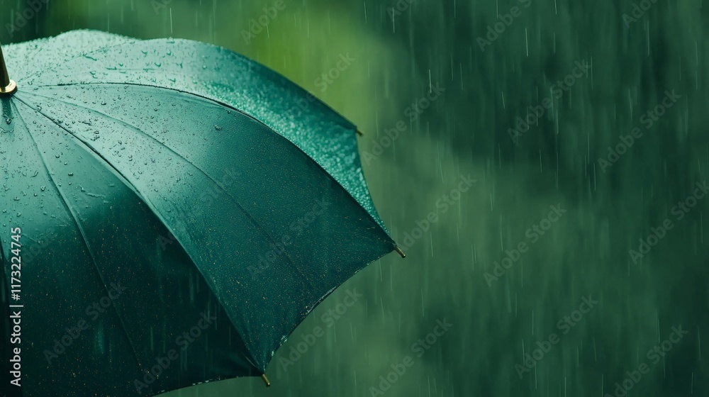 Poster rain is falling on a green umbrella during a heavy rainfall, creating a soothing and atmospheric sce