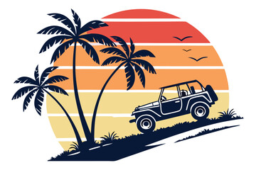 Off-roading vehicle and palm tree silhouettes on a retro vintage background with sunset-inspired colors, vibrant gradient hues, and a nostalgic, adventurous vibe; vector-style design perfect for T-shi