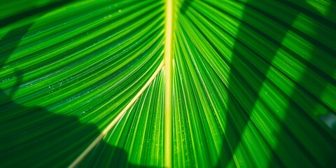 Vibrant Green Palm Leaf Texture Tropical Nature Background Close Up Detail