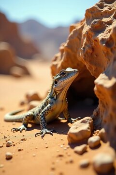 Saara agamid lizard hiding behind a rock in the desert landscape, reptile, saara