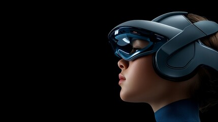 Exploring the Metaverse: A young person wearing a futuristic VR headset, profile view against a dramatic black background, symbolizing technological advancement and immersive experiences. 