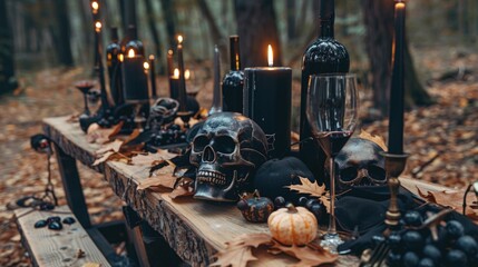 Halloween table setting in dark forest with skulls, candles, wine, and autumn leaves.