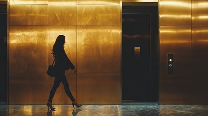 Woman walking past an elevator in a corporate office, hustle concept