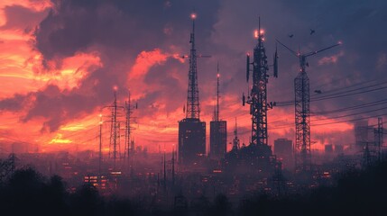 Vibrant Sunset Over Urban Communication Towers and Infrastructure