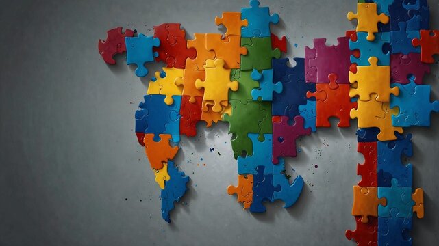 Colorful puzzle pieces forming a world map, symbolizing global unity and connection. world autism awareness day theme