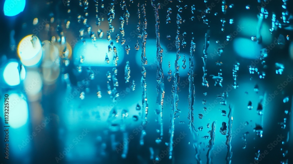 Poster rivulets of rain flow down a glass windowpane at night, illuminated by the blurred blue and turquois