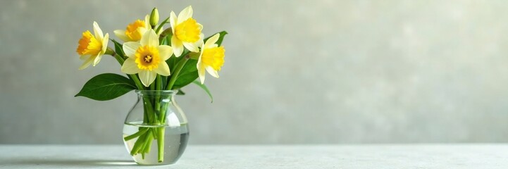 Small glass vase filled with Narcissus flowers and leaves, vase, spring, delicate