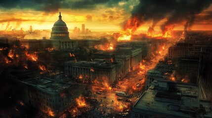 Obraz premium Post-Apocalyptic Washington D.C.: A City in Flames