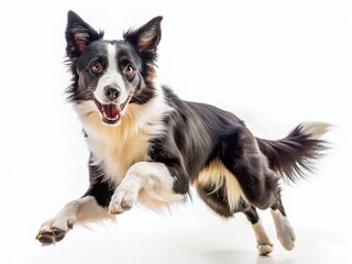 Fototapeta premium Energetic Border Collie Dog Mid-Air Jump, Isolated on White Background - Stock Photo