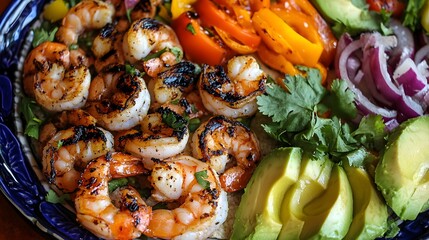 A colorful taco platter with grilled shrimp avocado
