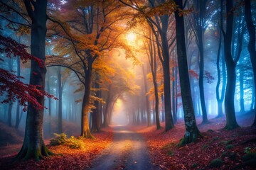 Enigmatic Autumn Forest Fog: Mysterious Night Woodscape Stock Photo