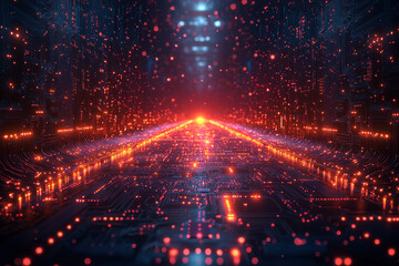 Fototapeta premium Glowing circuit board data stream with particles in cyberspace background