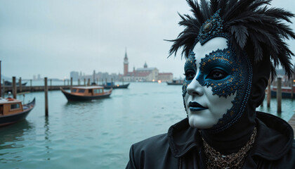 Mysterious figure wearing sapphire mask by foggy Venetian lagoon, allure