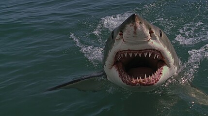 Obraz premium Great white shark swimming with open mouth, revealing sharp teeth, gliding through dark green ocean waters while ripples dance across the surface, embodying the essence of a powerful predator