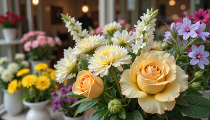 Vibrant flower bouquet in floral shop window, embracing seasonal beauty