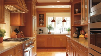 Fototapeta premium A warm, inviting kitchen with wooden cabinetry and modern appliances, designed for cooking.