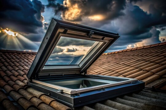 An open roof hatch reveals a cloudy sky, bokeh blurring architectural details in atmospheric perspective.