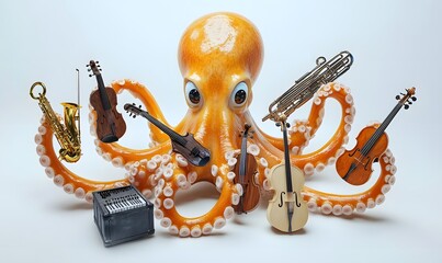 Orange octopus plays instruments.