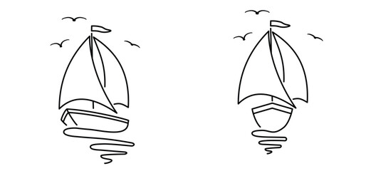 Cartoon sailboat and flying birds. sail boat line pattern. ship, fishing boats sign. Water transport concept. Maritime yacht boat. Water wave. Sailing ship for fun and holiday sports.