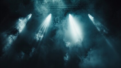 Dramatic stage lighting piercing through a smoky haze, creating a mysterious and atmospheric scene.