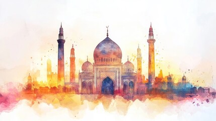 Obraz premium A watercolor depiction of a historical mosque with minarets and domes at sunset.