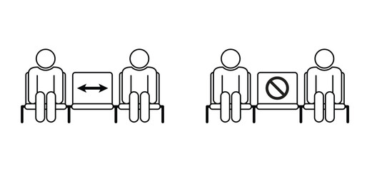 Social distancing, Keep your distance. Mpox, Corona virus epidemic protective. No, seating or seat, avoid crowds. Cartoon waiting room icon. Sit or wait on a chair.