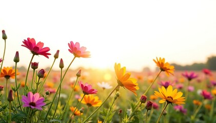 Fototapeta premium Sun-kissed wildflower field against a bright white background, landscape, blooms, petals