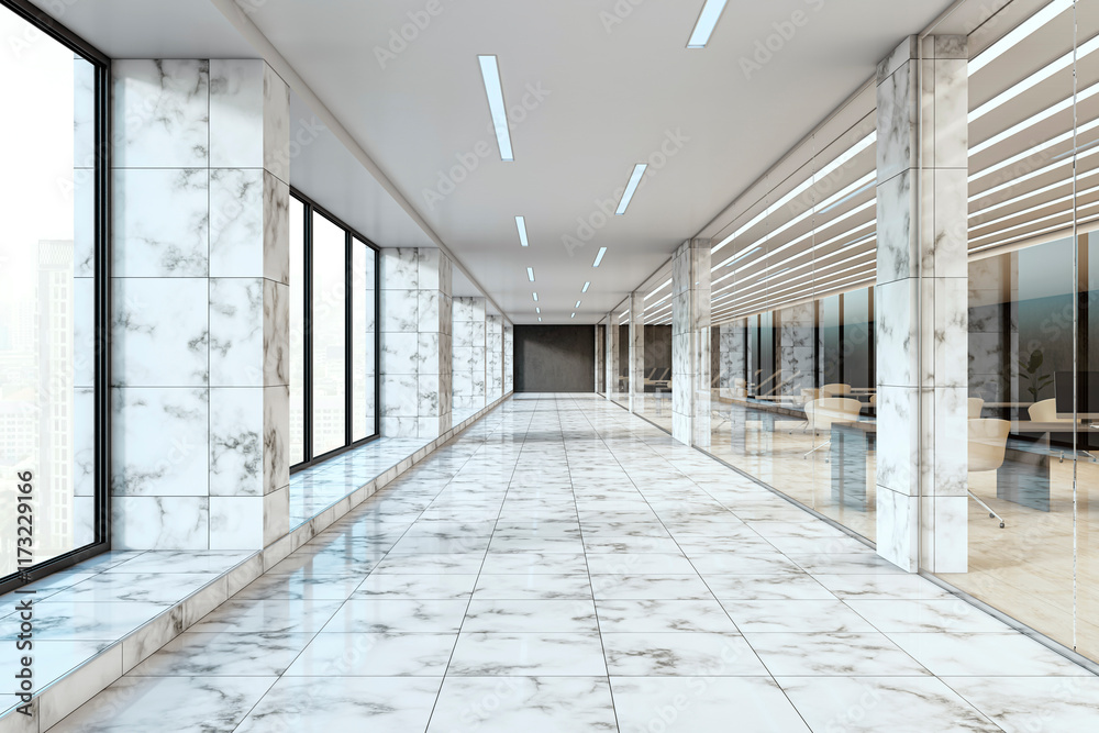 Poster Modern marble office corridor with large windows and glass partitions on a bright day. 3D Rendering