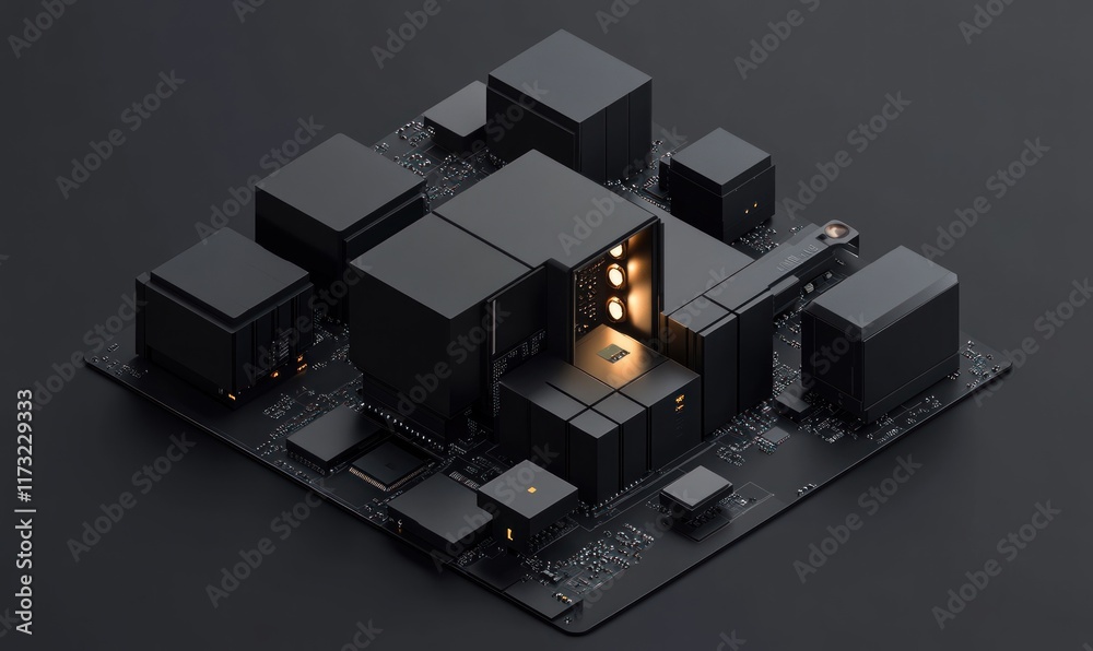 Poster abstract 3d rendering of a dark circuit board with glowing components.