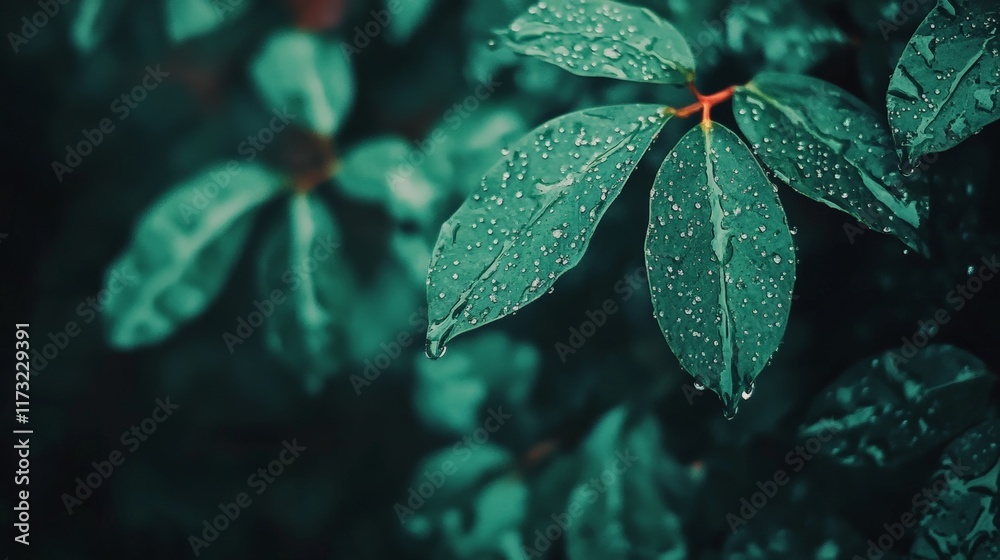 Poster sparkling rain droplets clinging to lush green leaves create a mesmerizing display of nature's beaut
