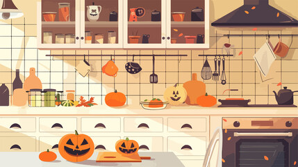 Modern Light Kitchen Decorated for Halloween with Orange and Black Accents
