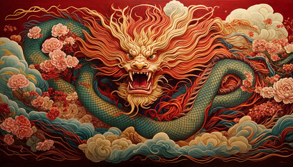 A fierce dragon painting features flowers and swirling clouds.