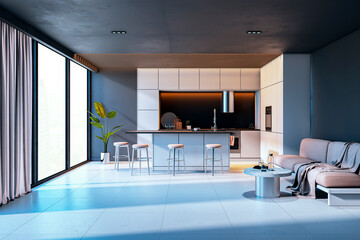 Modern kitchen and living area interior with stylish furniture, island, stools, and sunlight through large city-view windows. 3D Rendering