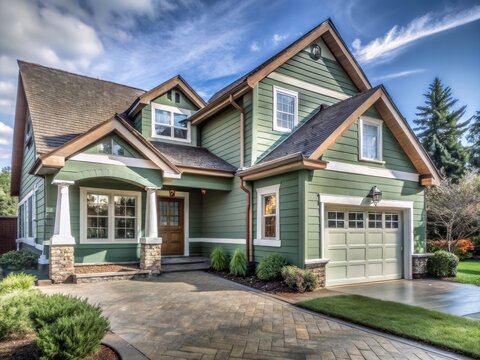 Charming mint and birch home with dark quartz accents and a sophisticated paver driveway.