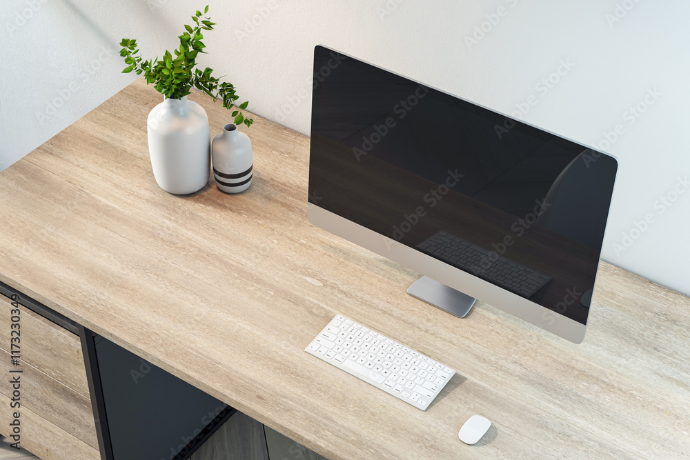 Poster Modern desktop computer on a wooden desk with keyboard, mouse, and decorative vases. Clean and minimal office setup and concept. 3D Rendering