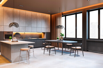 Modern kitchen interior with stylish furniture, large windows, and backlit cabinets in a contemporary design setting. 3D Rendering