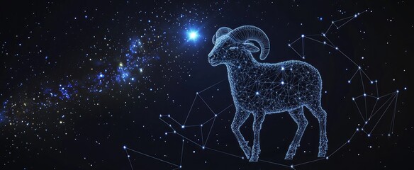 Photo of the Aries constellation with the ram symbol and stars on a dark background, 3D rendering. The zodiac sign is a twin, with a simple design and shapes.
