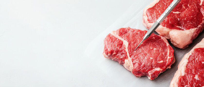 Fresh raw meat being tested with probe thermometer on stainless steel background, emphasizing food safety awareness and proper cooking techniques