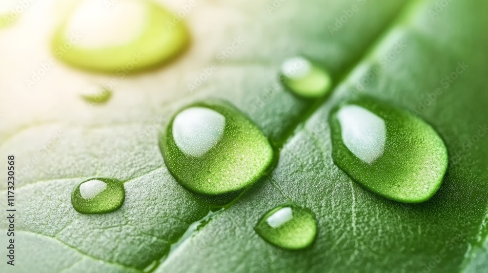 Poster sparkling water droplets rest on a vibrant green leaf, creating a mesmerizing close up of nature's b