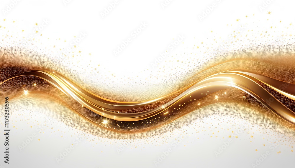 Poster gold abstract background with waves. glowing wave-shaped gold dust particles on white background.